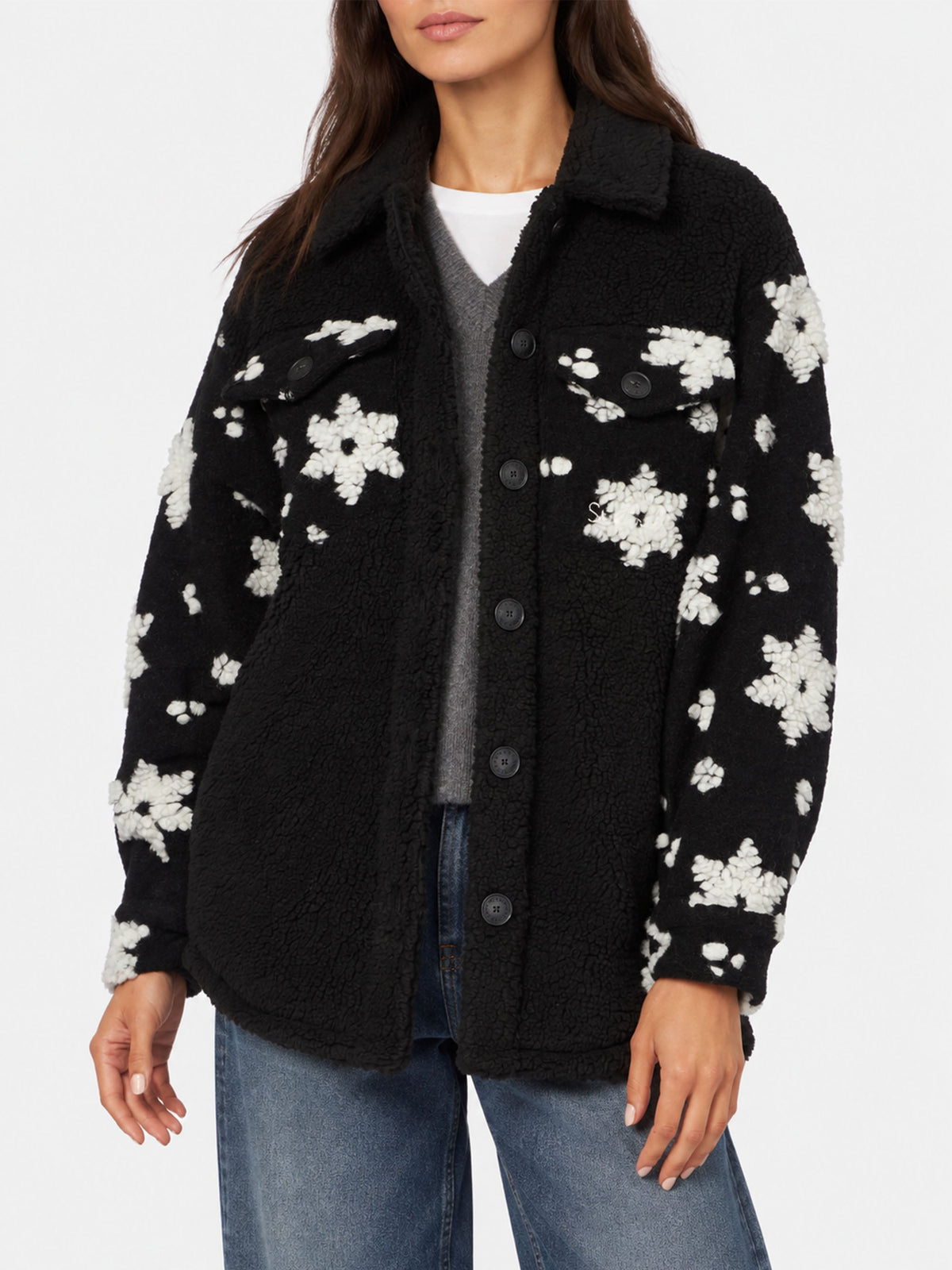 Overshirt Elys nero in sherpa con motivo fiocchi di neve