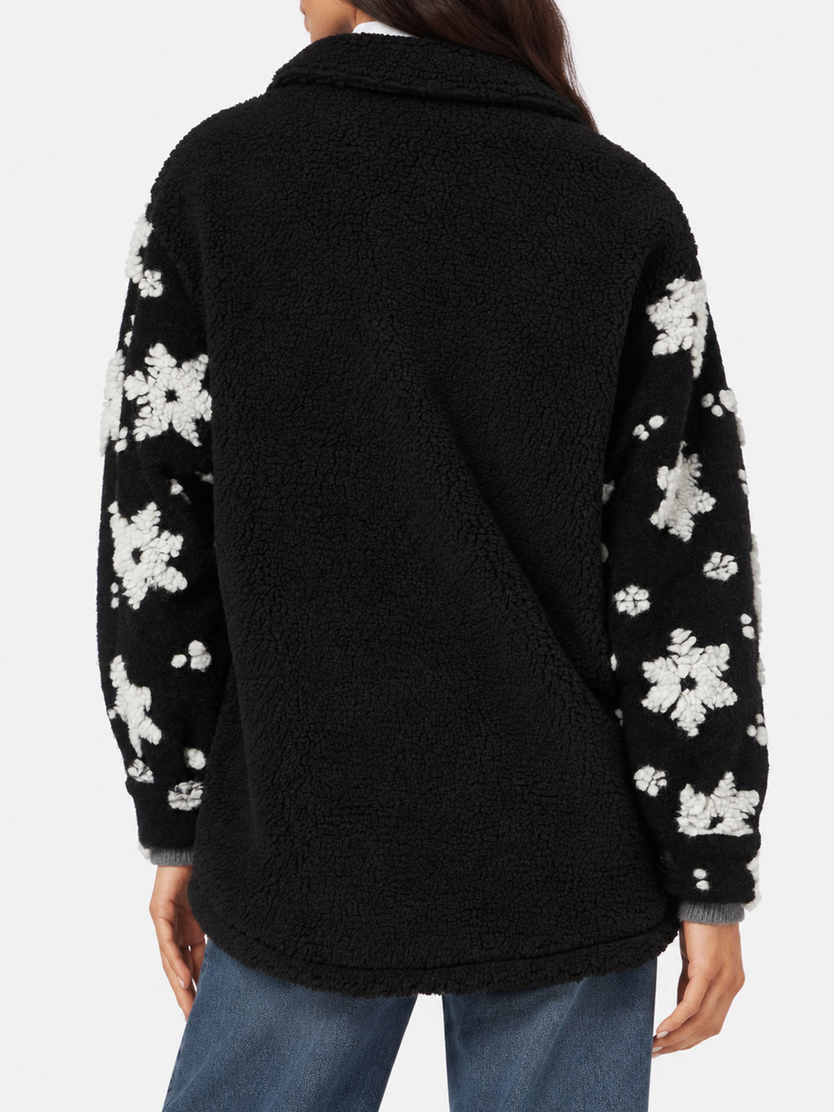 Overshirt Elys nero in sherpa con motivo fiocchi di neve