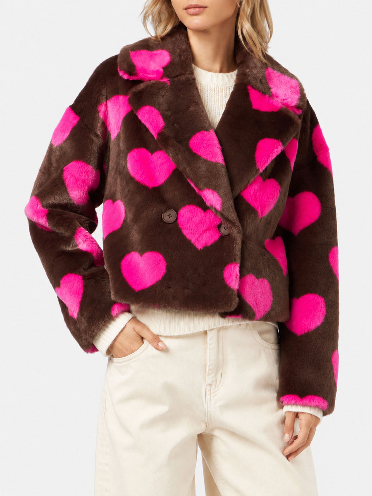 Giacca Emelyn marrone effetto pelliccia con stampa cuori product image 1