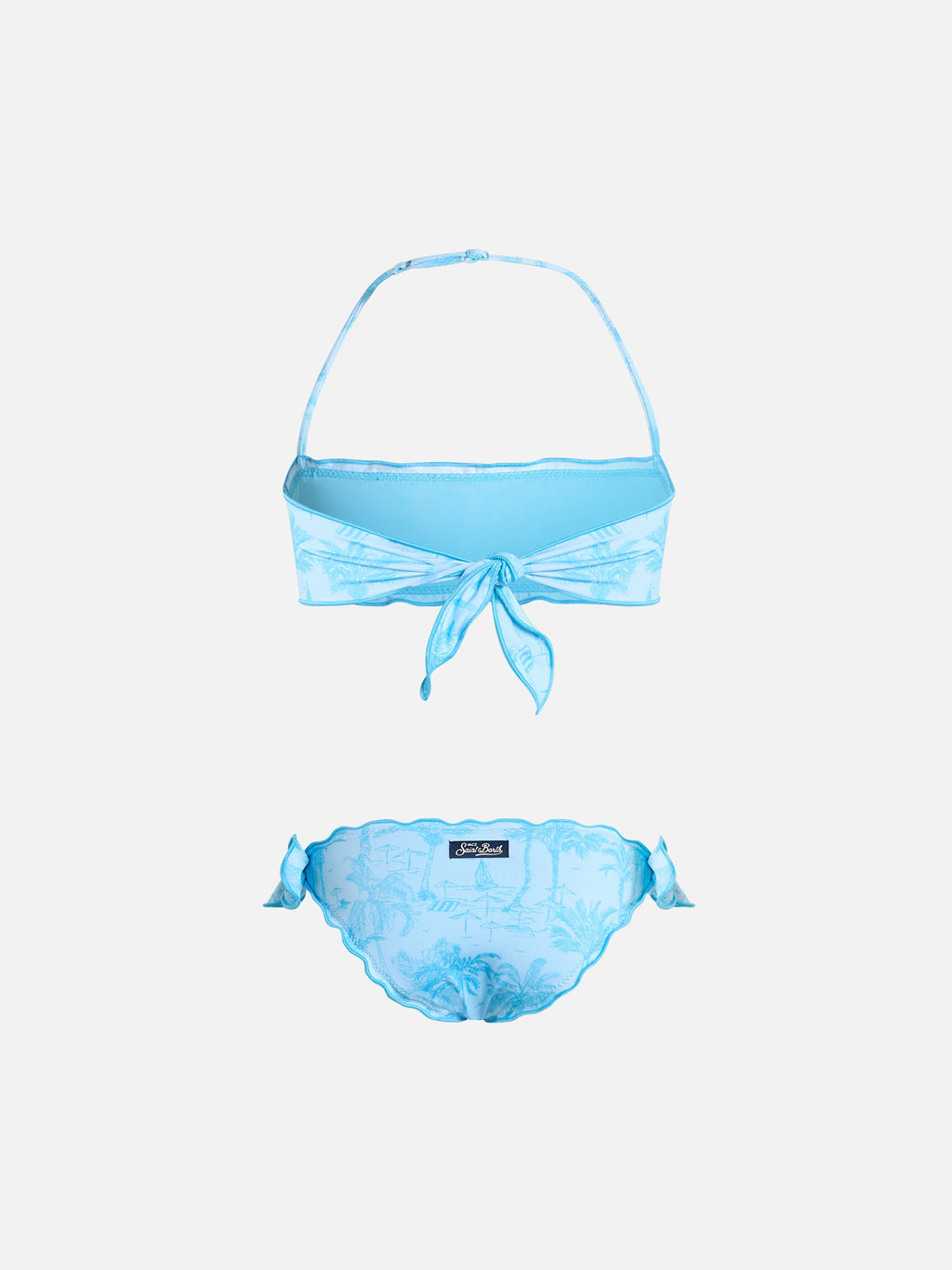 Bikini a fascia Emy azzurro con stampa toile de Jouy