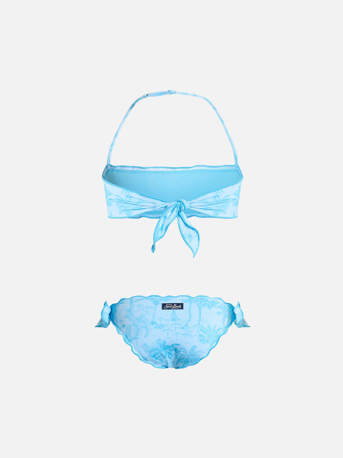 Bikini a fascia Emy azzurro con stampa toile de Jouy