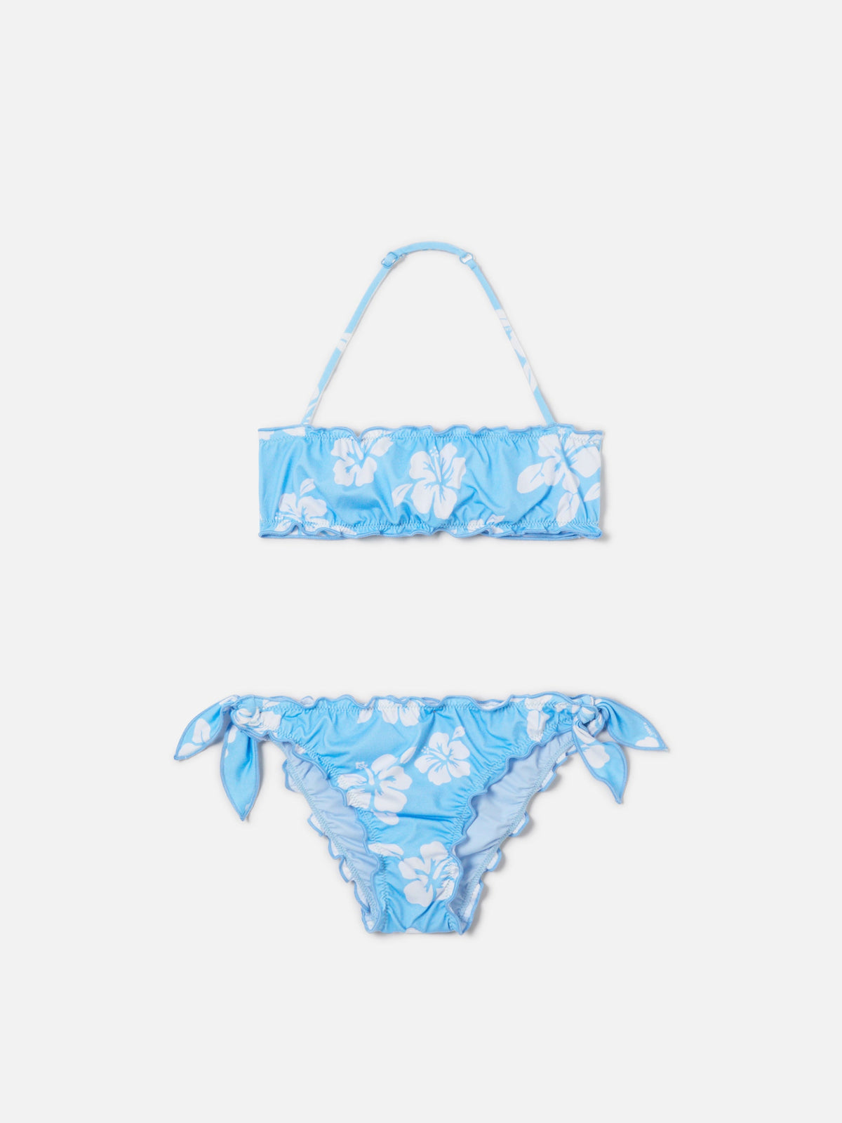 Bikini a fascia Emy azzurro con stampa ibisco