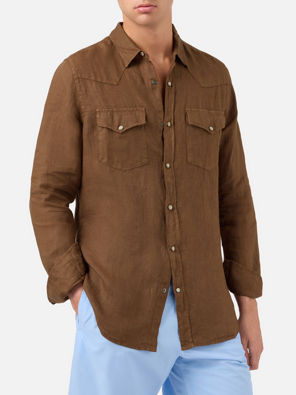Camicia Greg marrone in lino con effetto vintage product image 1