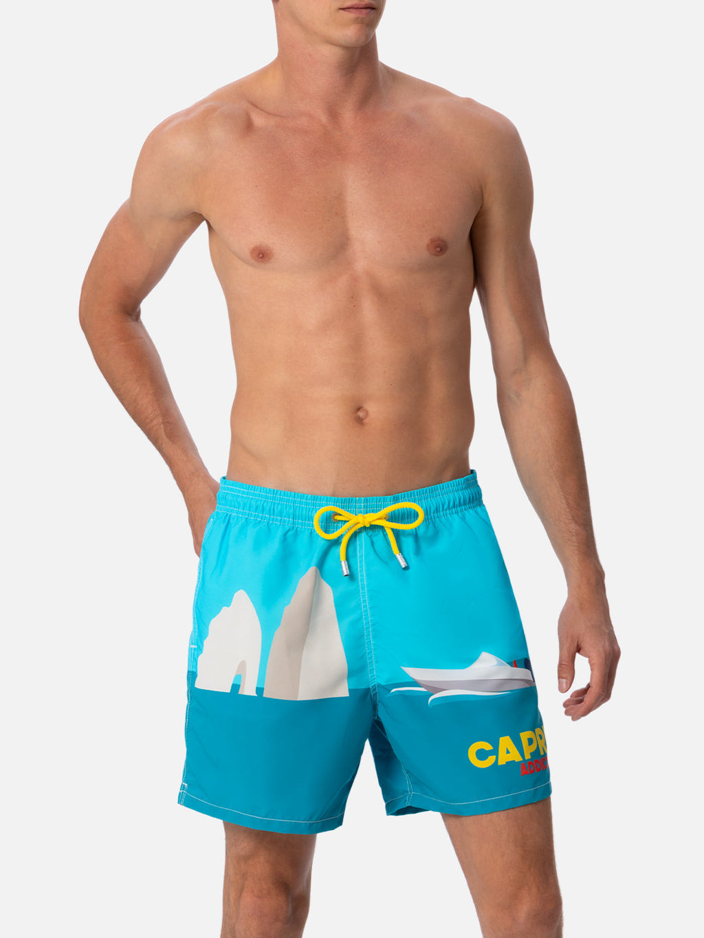 Costume mare Gustavia con stampa piazzata Capri su fondo verde acqua