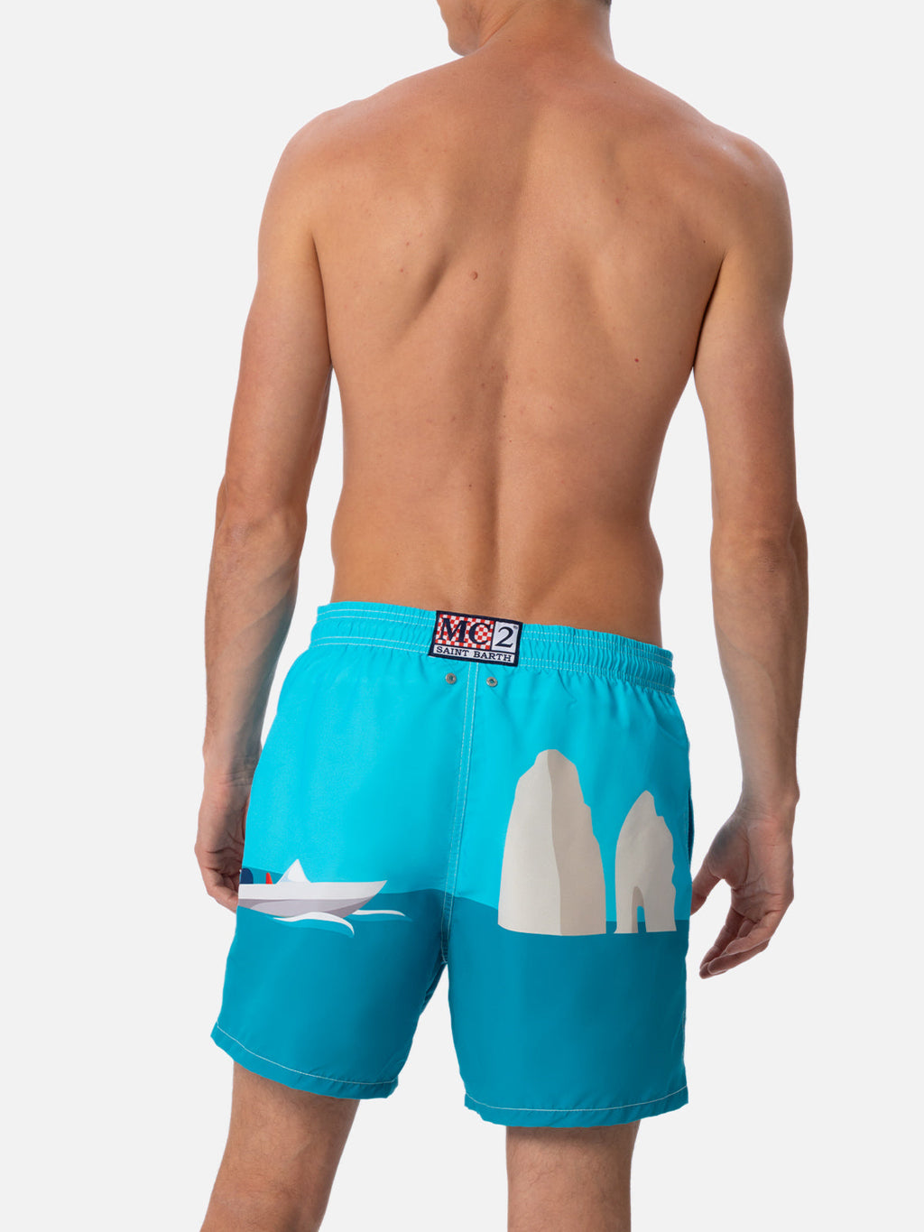 Costume mare Gustavia con stampa piazzata Capri su fondo verde acqua