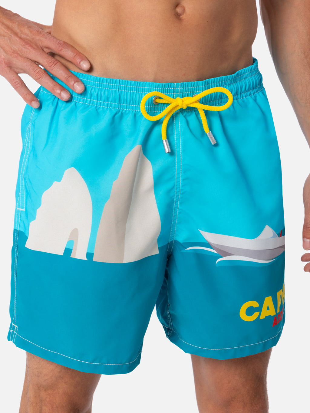 Costume mare Gustavia con stampa piazzata Capri su fondo verde acqua