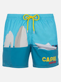 Costume mare Gustavia con stampa piazzata Capri su fondo verde acqua