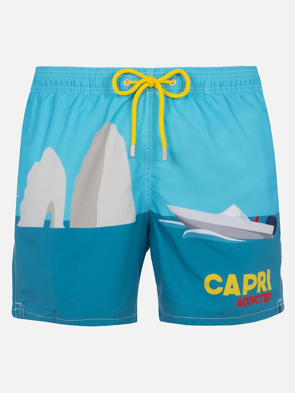 Costume mare Gustavia con stampa piazzata Capri su fondo verde acqua
