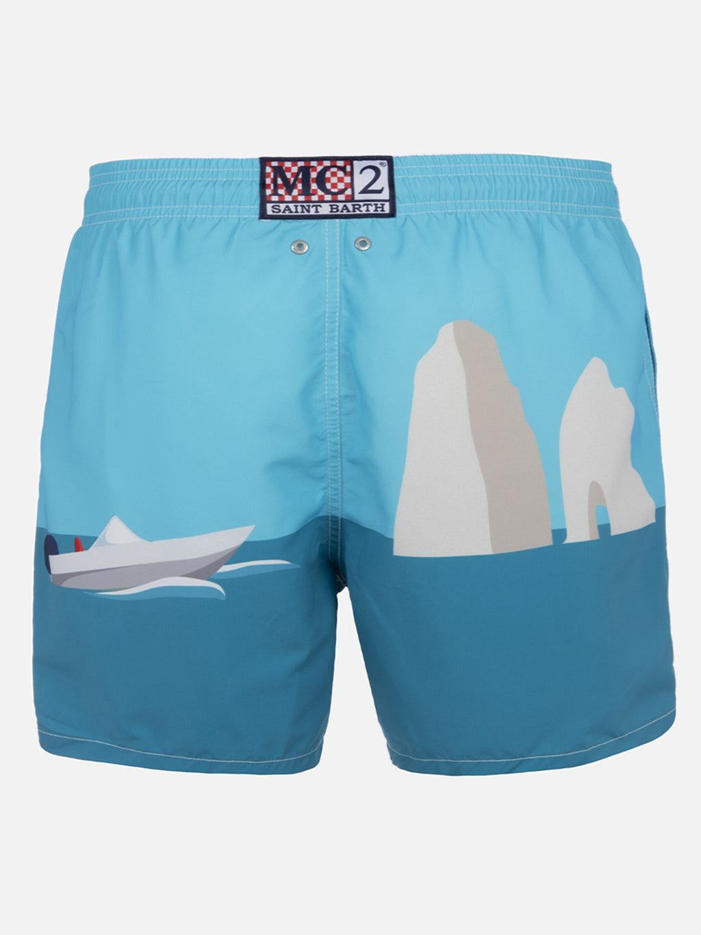 Costume mare Gustavia con stampa piazzata Capri su fondo verde acqua