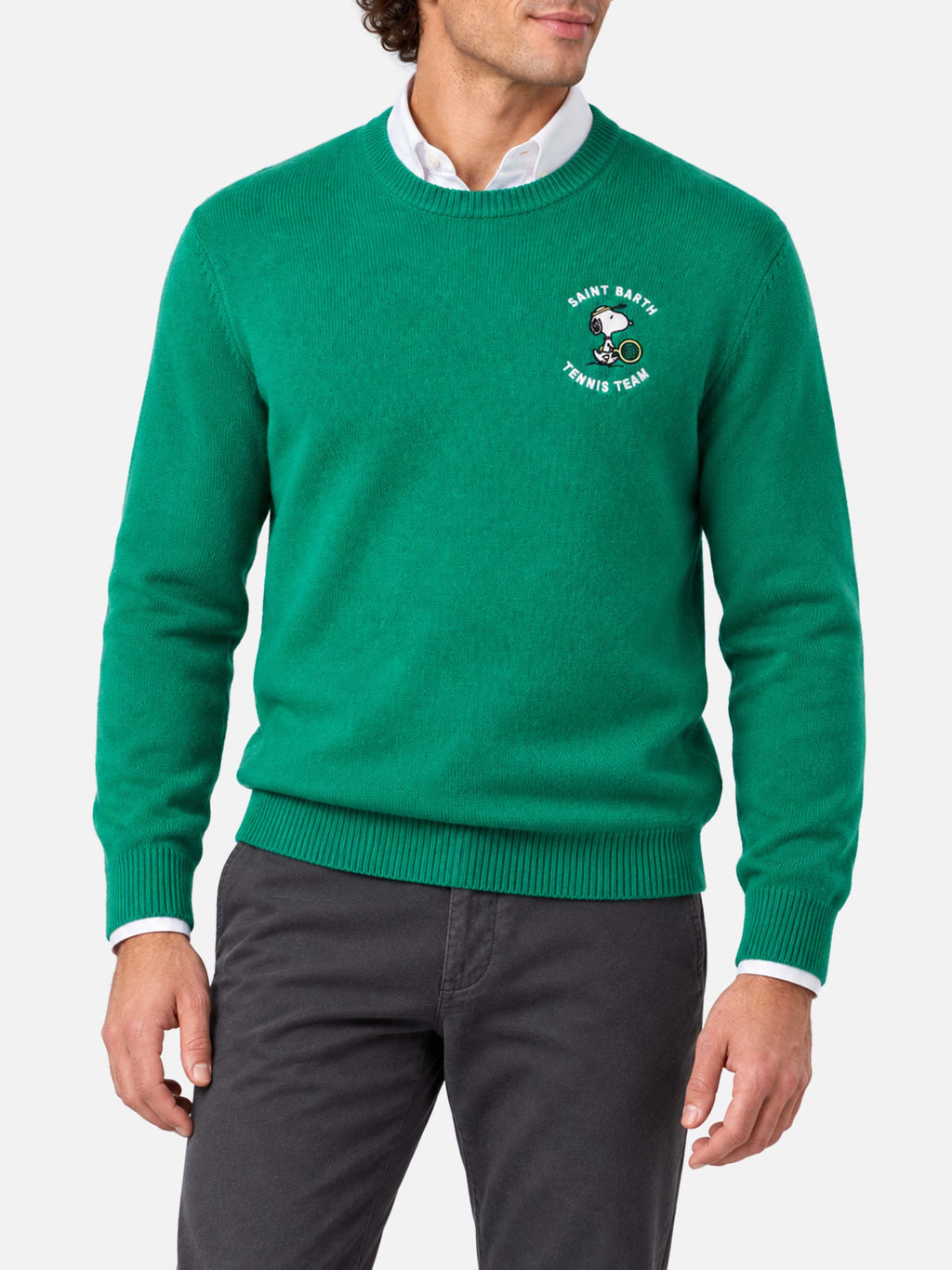 Maglia girocollo Heron verde con jacquard Snoopy tennis | Special Edition