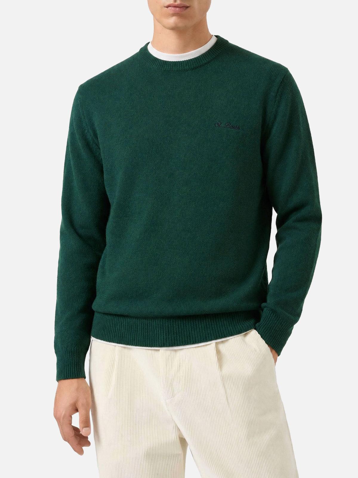Maglia girocollo Heron verde in lana con ricamo logo