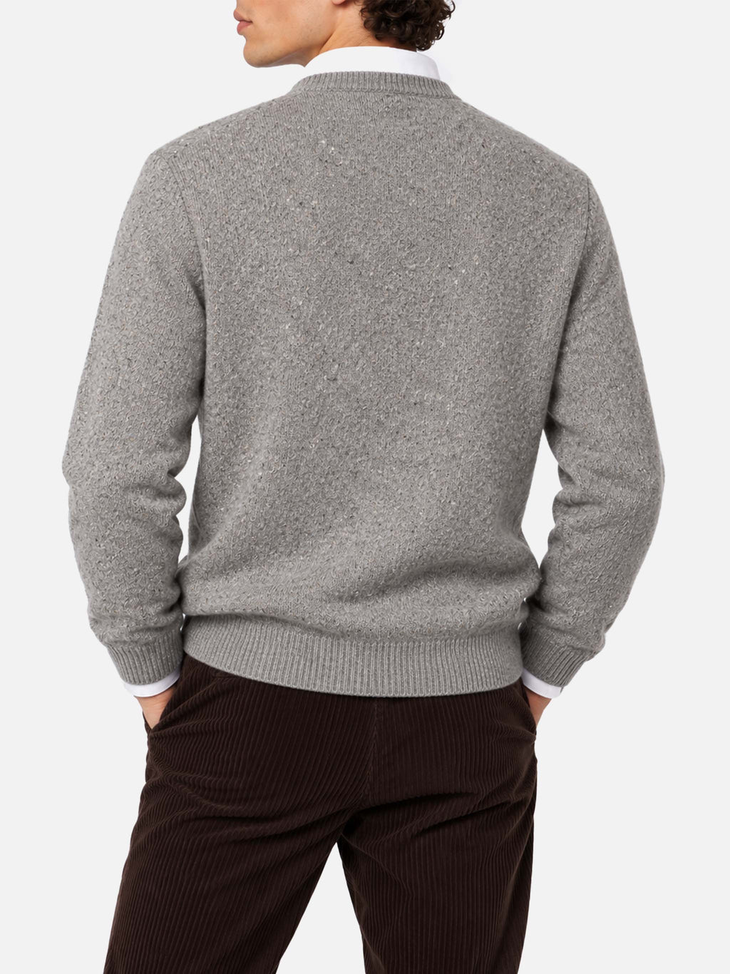 Maglia girocollo Heron grigio chiaro melange in donegal con jacquard cane