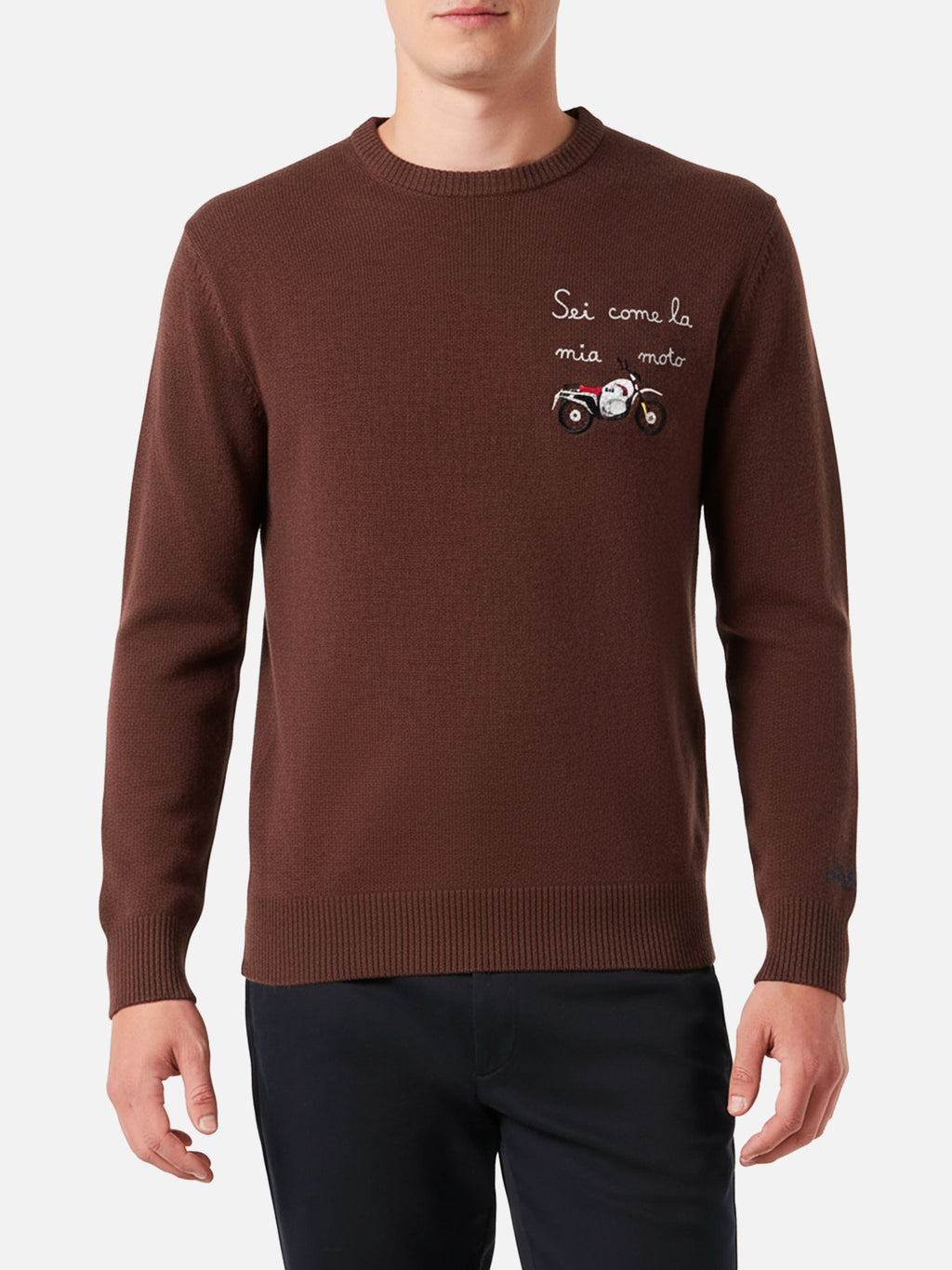 Maglia girocollo Heron marrone con ricamo Sei come la mia moto
