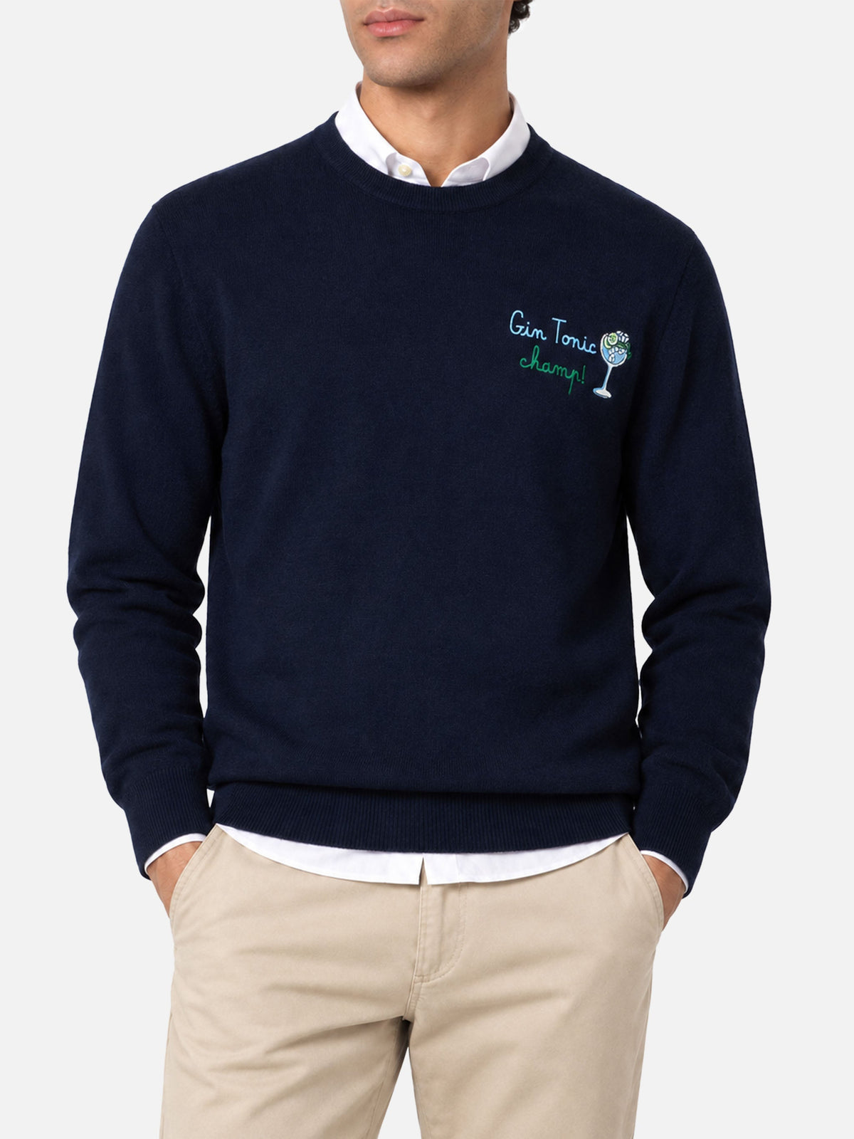 Maglione Heron Light blu navy con ricamo Gin tonic champ