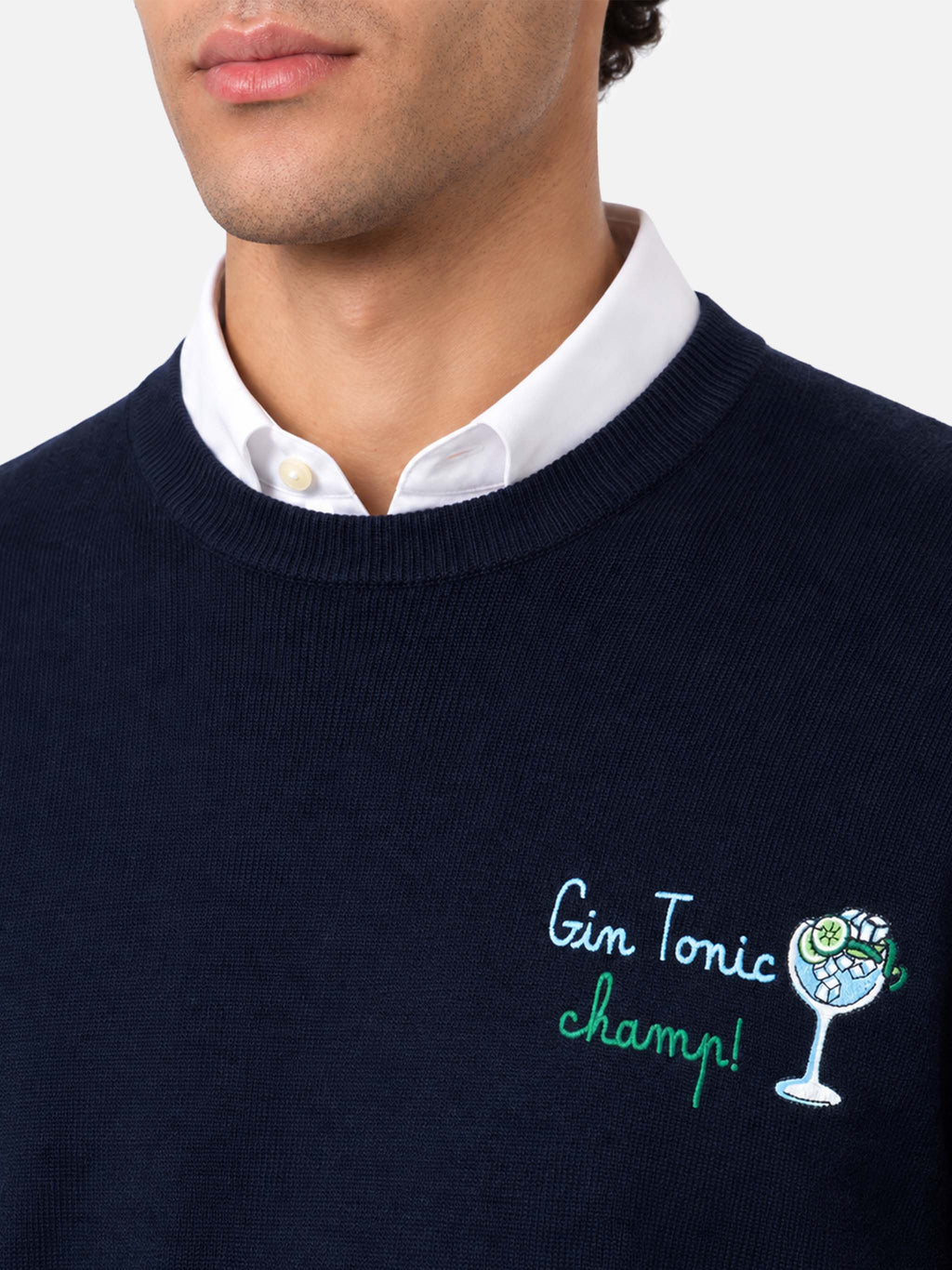 Maglione Heron Light blu navy con ricamo Gin tonic champ