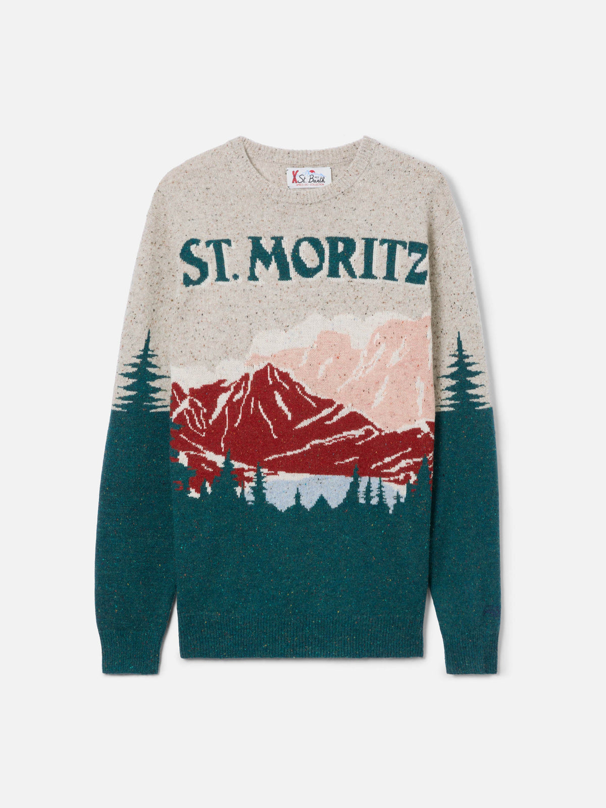 Maglia girocollo Heron verde in donegal con jacquard cartolina St. Moritz