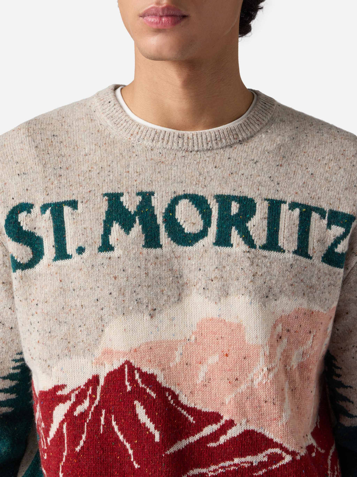 Maglia girocollo Heron verde in donegal con jacquard cartolina St. Moritz