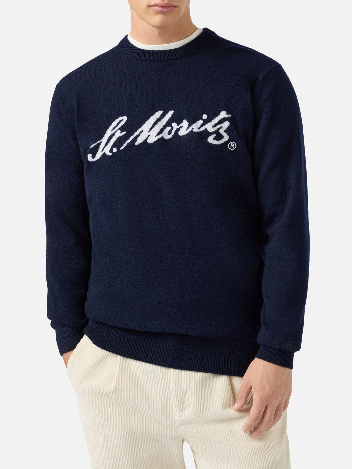 Maglione Heron Light Cashmere blu navy con scritta St. Moritz | Special Edition