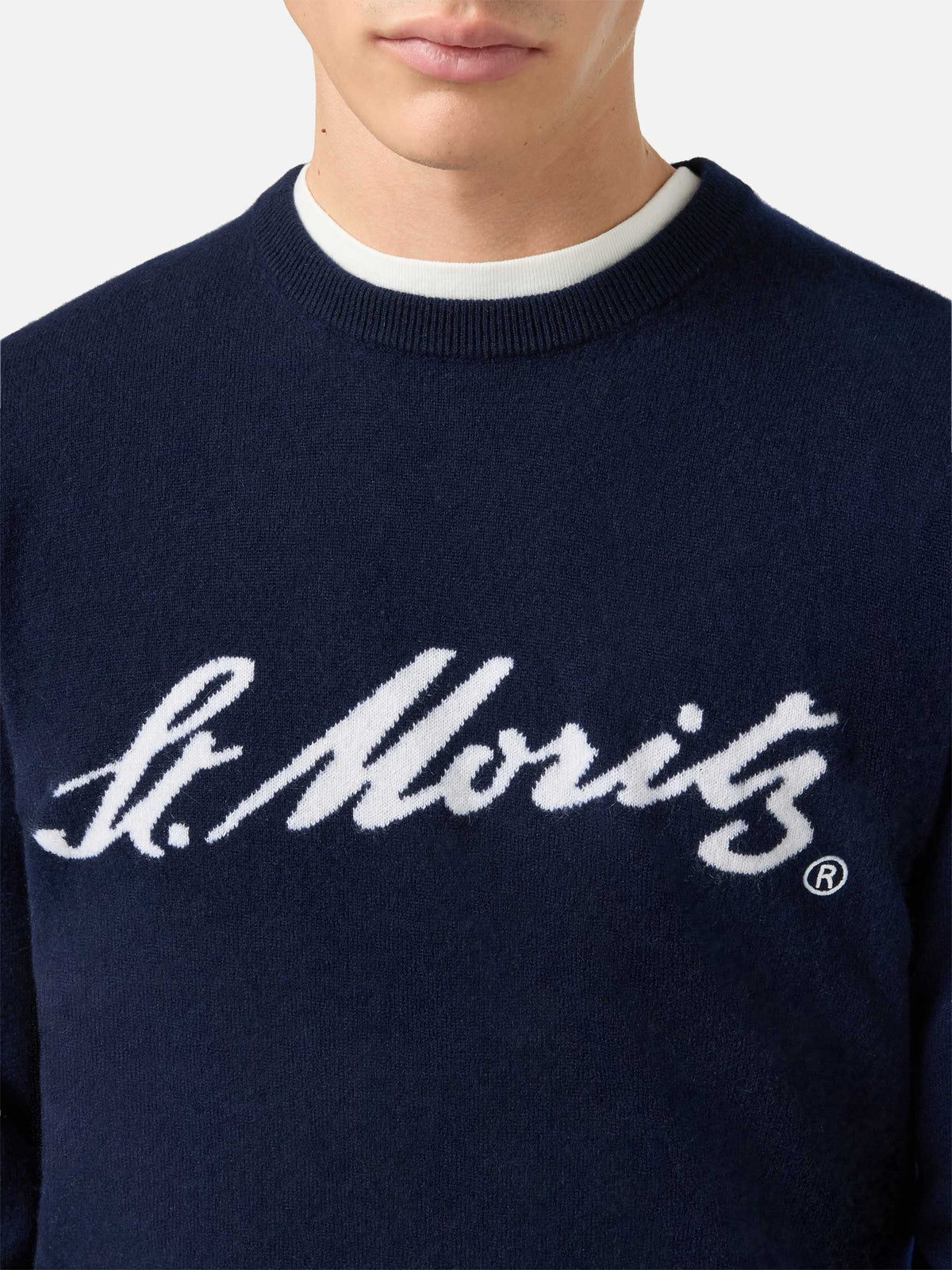 Maglione Heron Light Cashmere blu navy con scritta St. Moritz | Special Edition