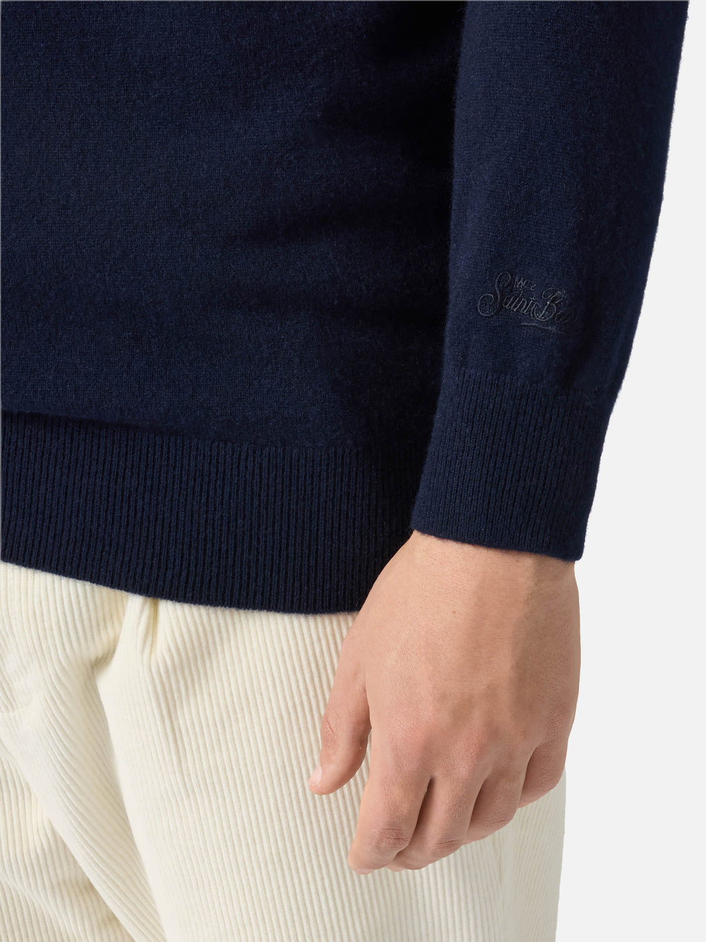 Maglione Heron Light Cashmere blu navy con scritta St. Moritz | Special Edition