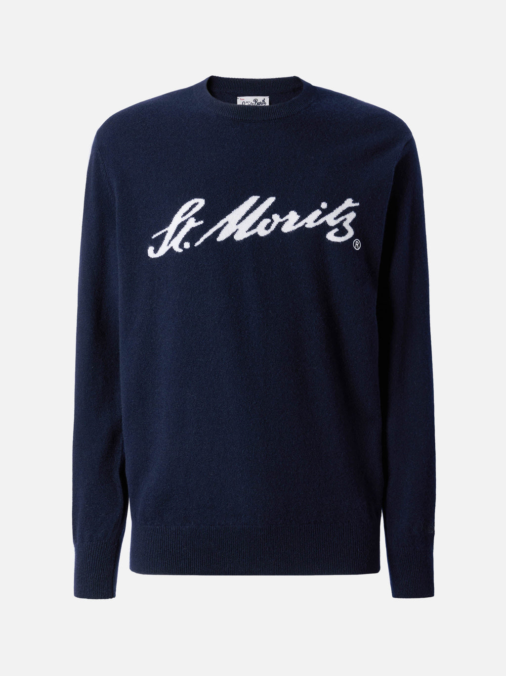 Maglione Heron Light Cashmere blu navy con scritta St. Moritz | Special Edition