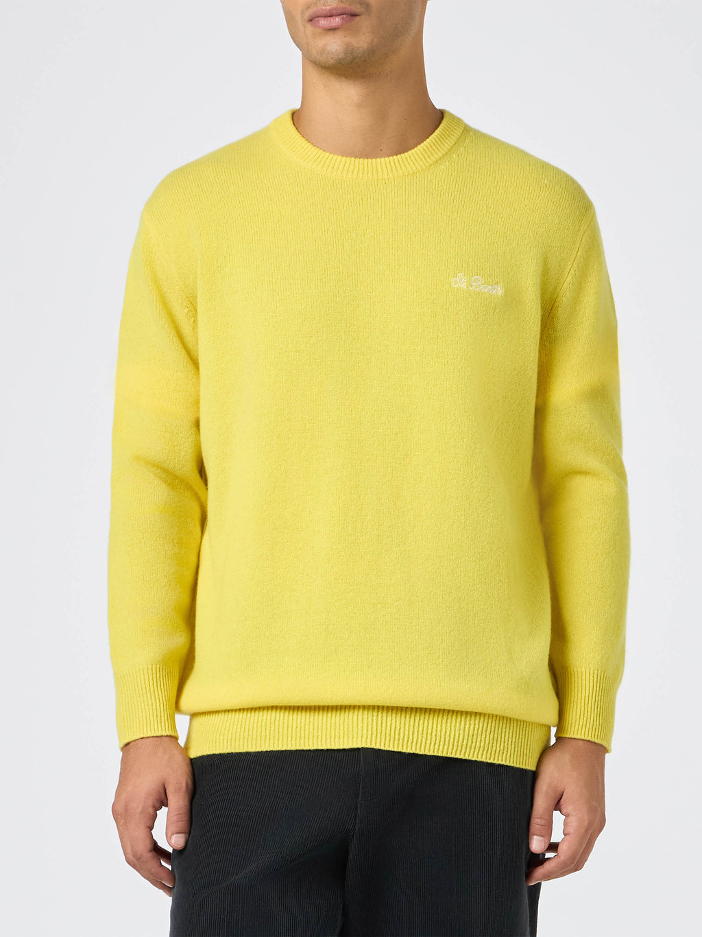 Maglia girocollo Heron gialla in lana d’agnello con ricamo logo