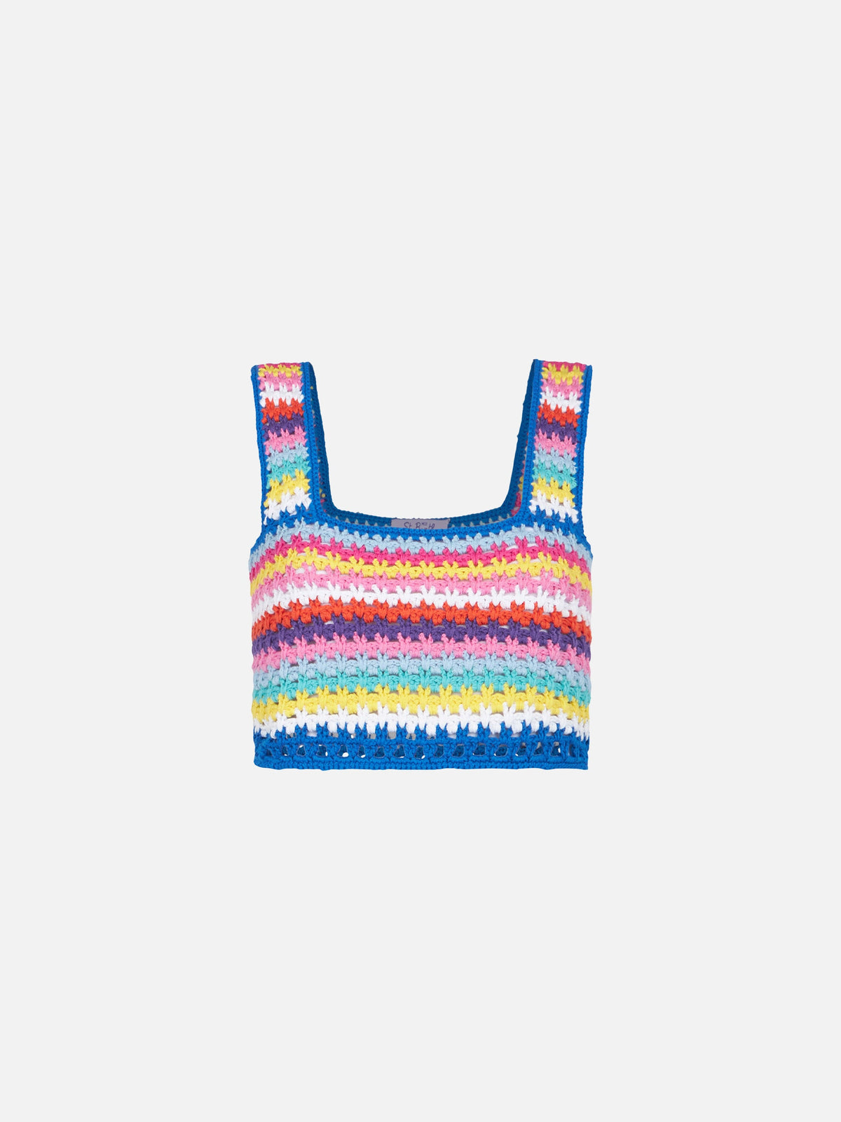 Top Halima in crochet con base blu