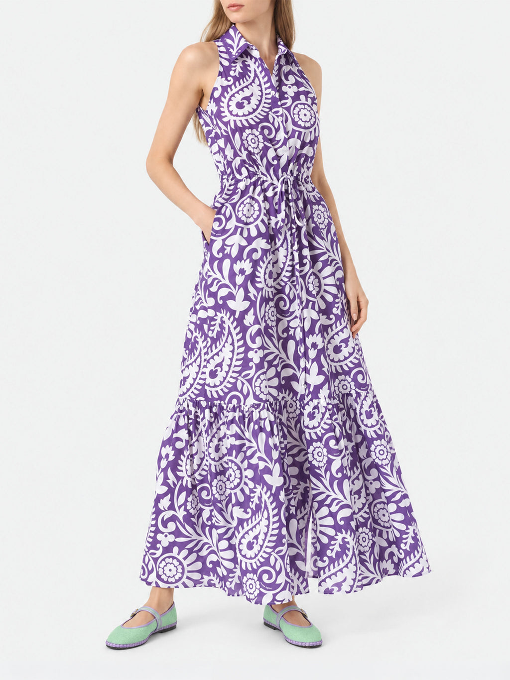 Abito lungo Ida viola in cotone con stampa paisley