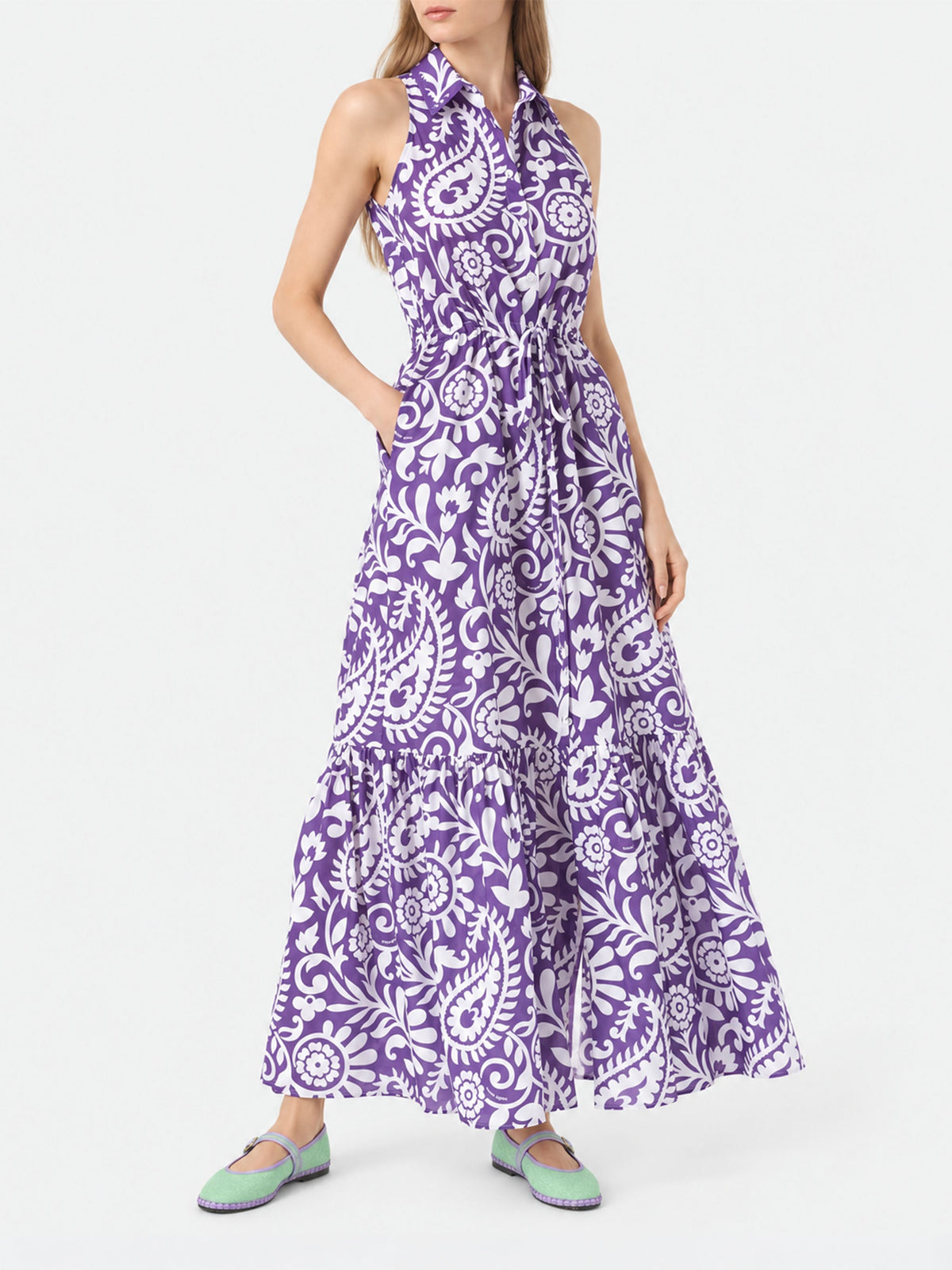 Abito lungo Ida viola in cotone con stampa paisley