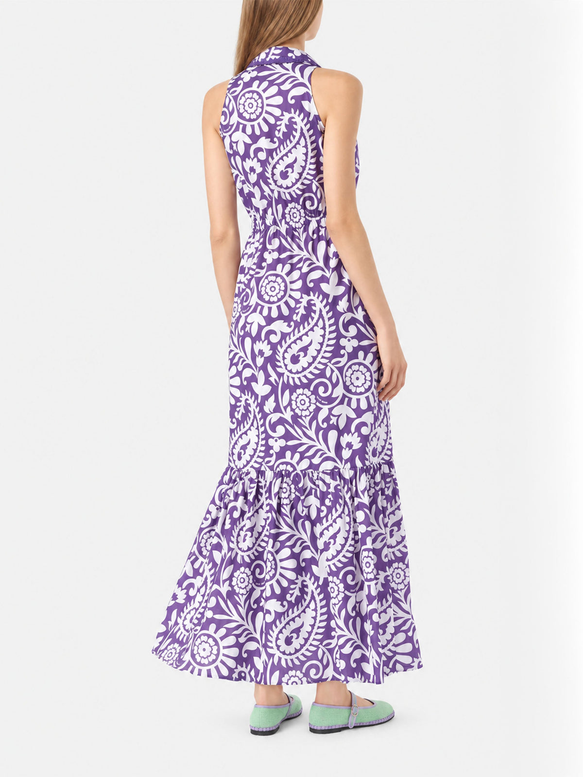 Abito lungo Ida viola in cotone con stampa paisley