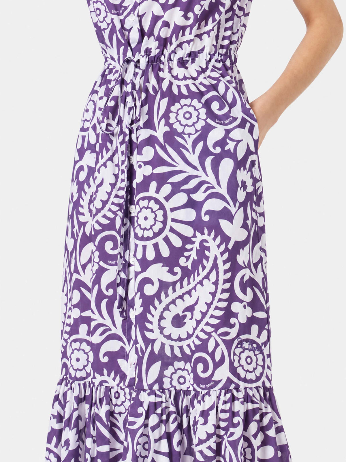 Abito lungo Ida viola in cotone con stampa paisley