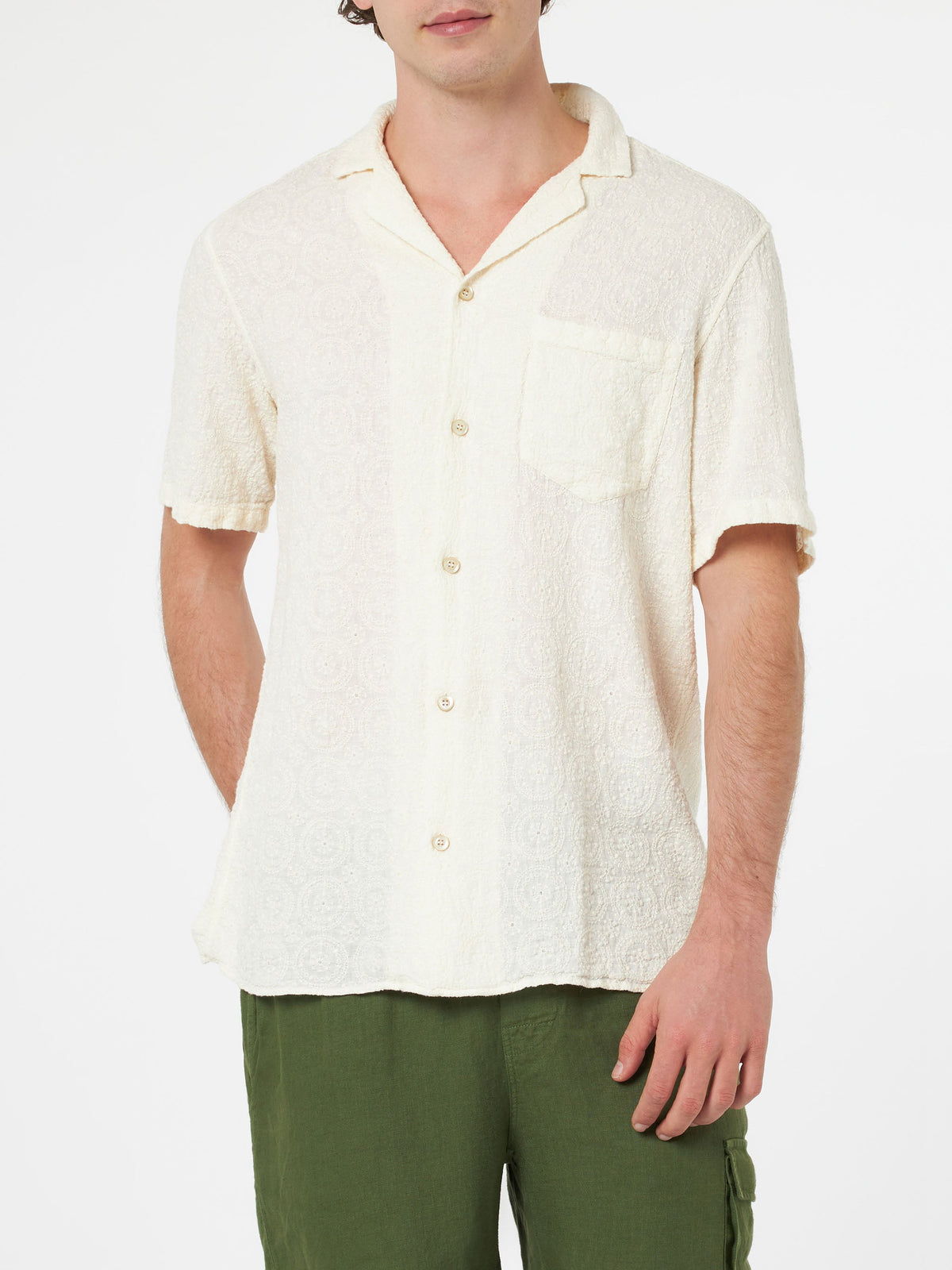 Camicia Kalea bianco panna in lino con ricamo floreale product image 1