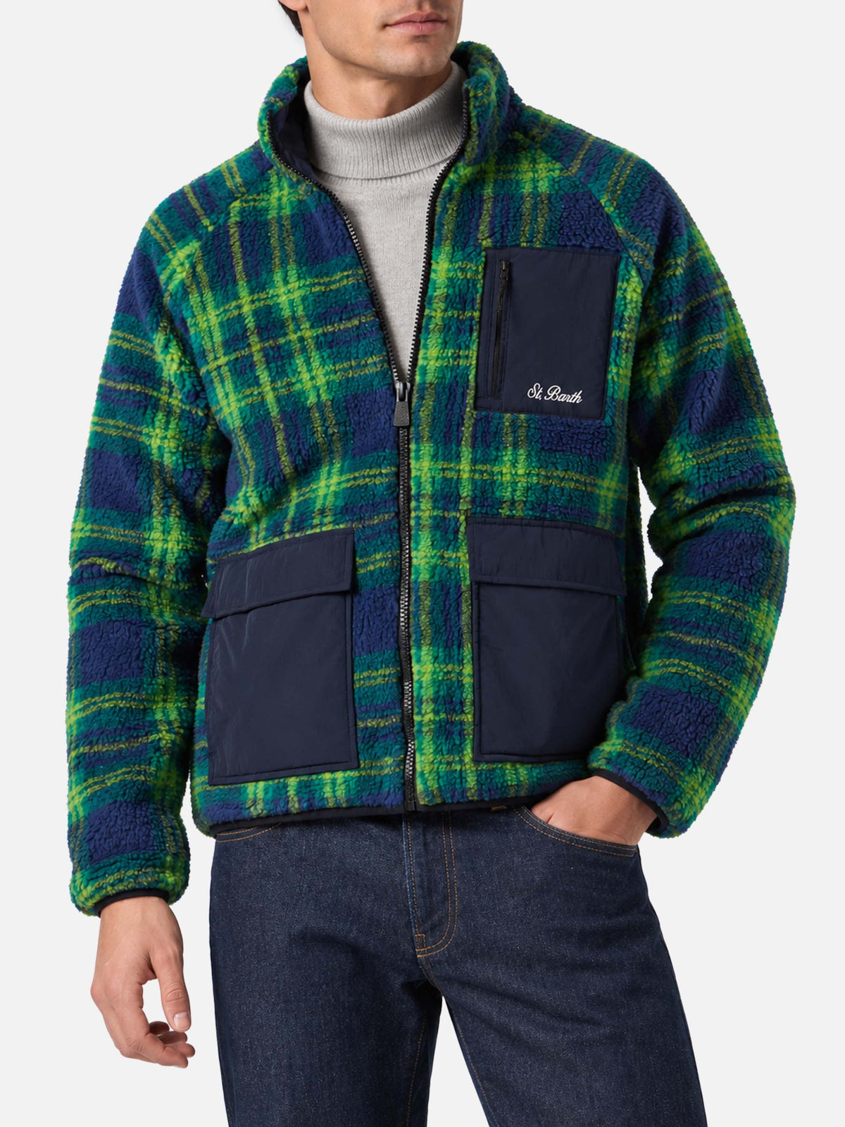 Giacca Keystone verde e blu in sherpa con motivo tartan product image 1