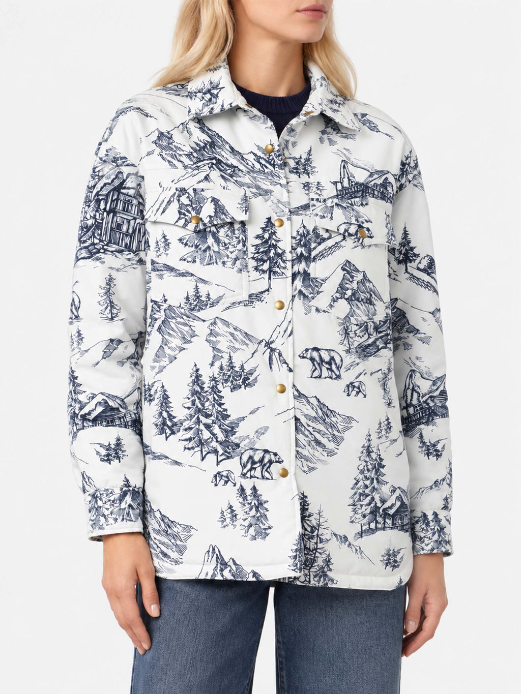 Giacca trapuntata Kimmy bianca e blu con stampa toile de Jouy