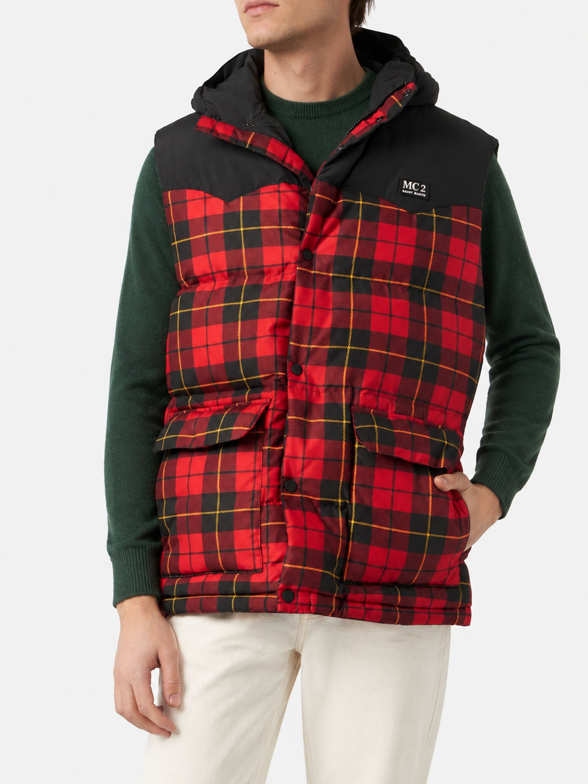 Gilet Klosters rosso e nero tartan con cappuccio