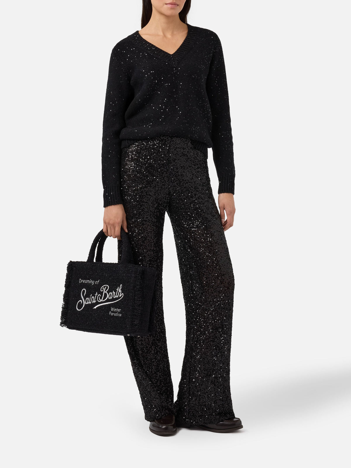 Pantaloni Lucette neri in paillettes a gamba dritta