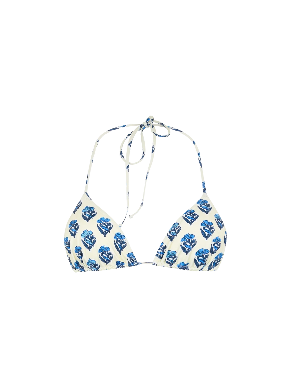 Top bikini a triangolo Leah con stampa floreale Jaipur su fondo bianco panna