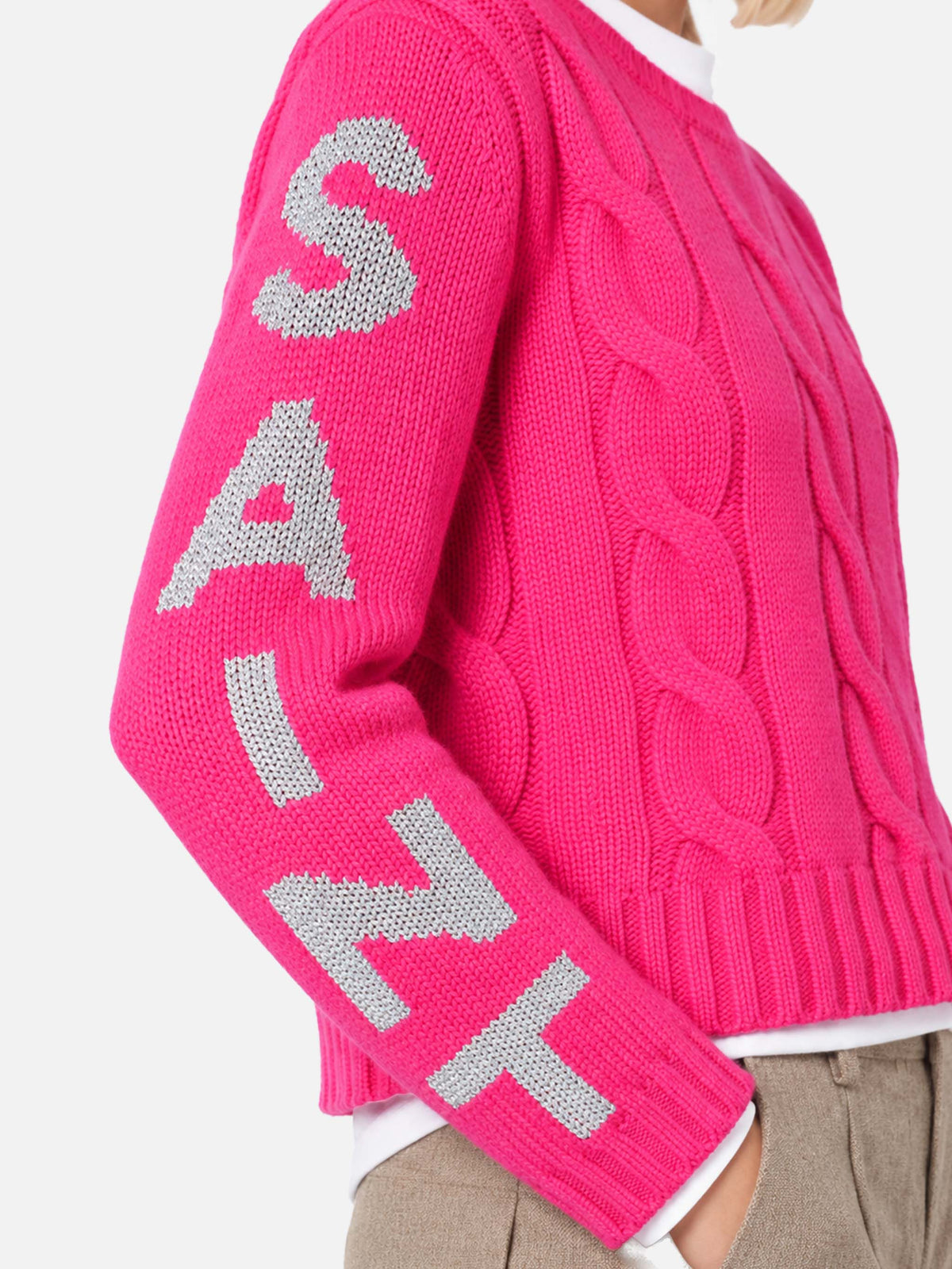 Maglia Malmo rosa fluo a trecce con dettagli in lurex