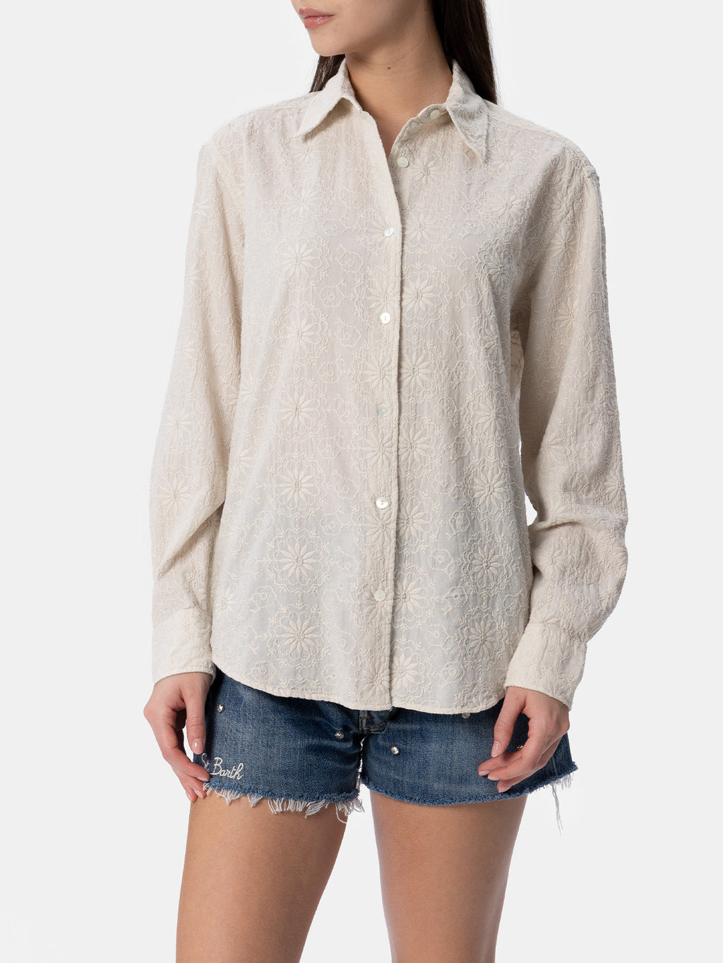 Camicia Meredith bianco panna in lino con ricamo sangallo product image 1