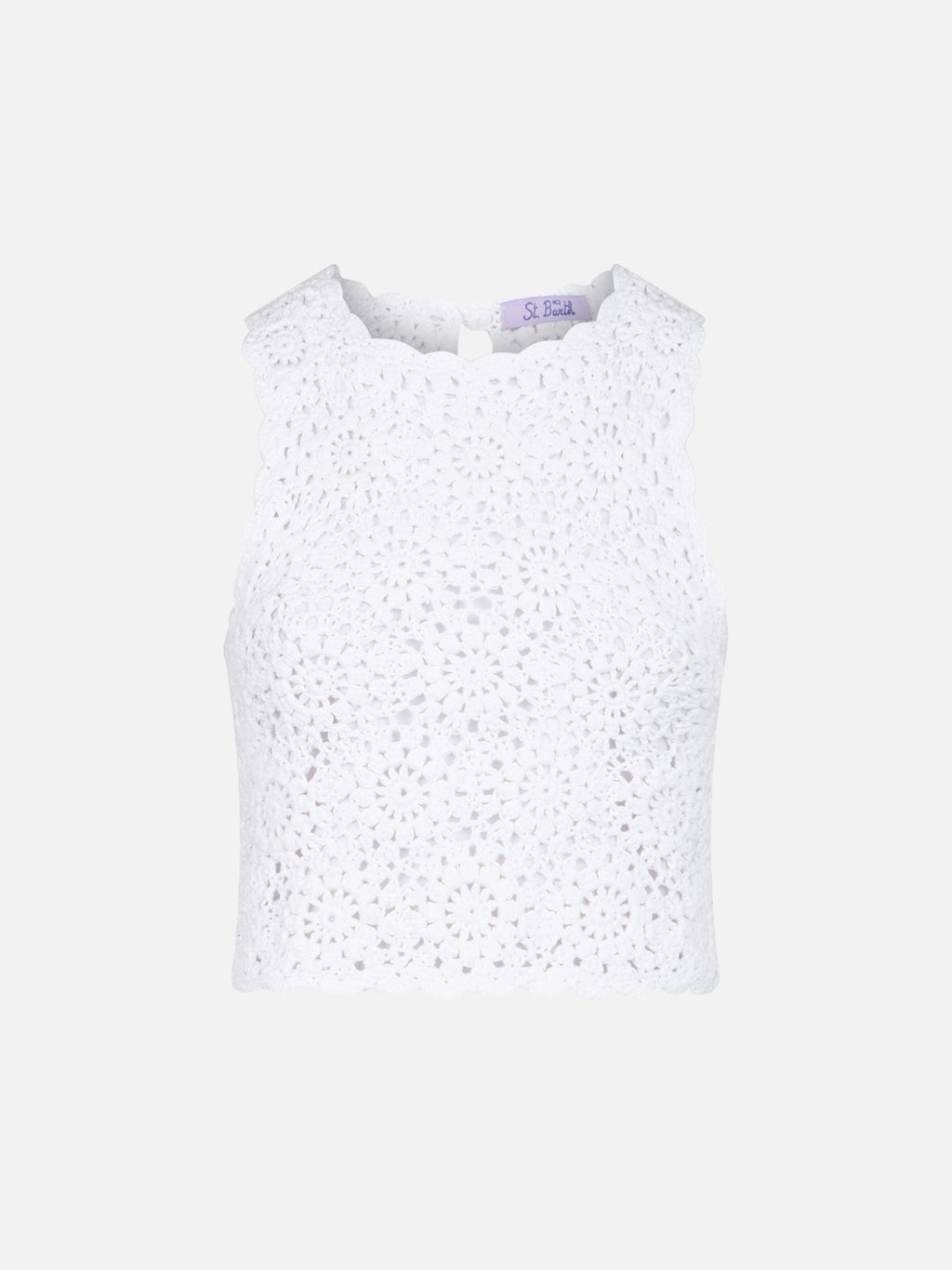 Top all’americana Medison bianco in crochet con motivo floreale
