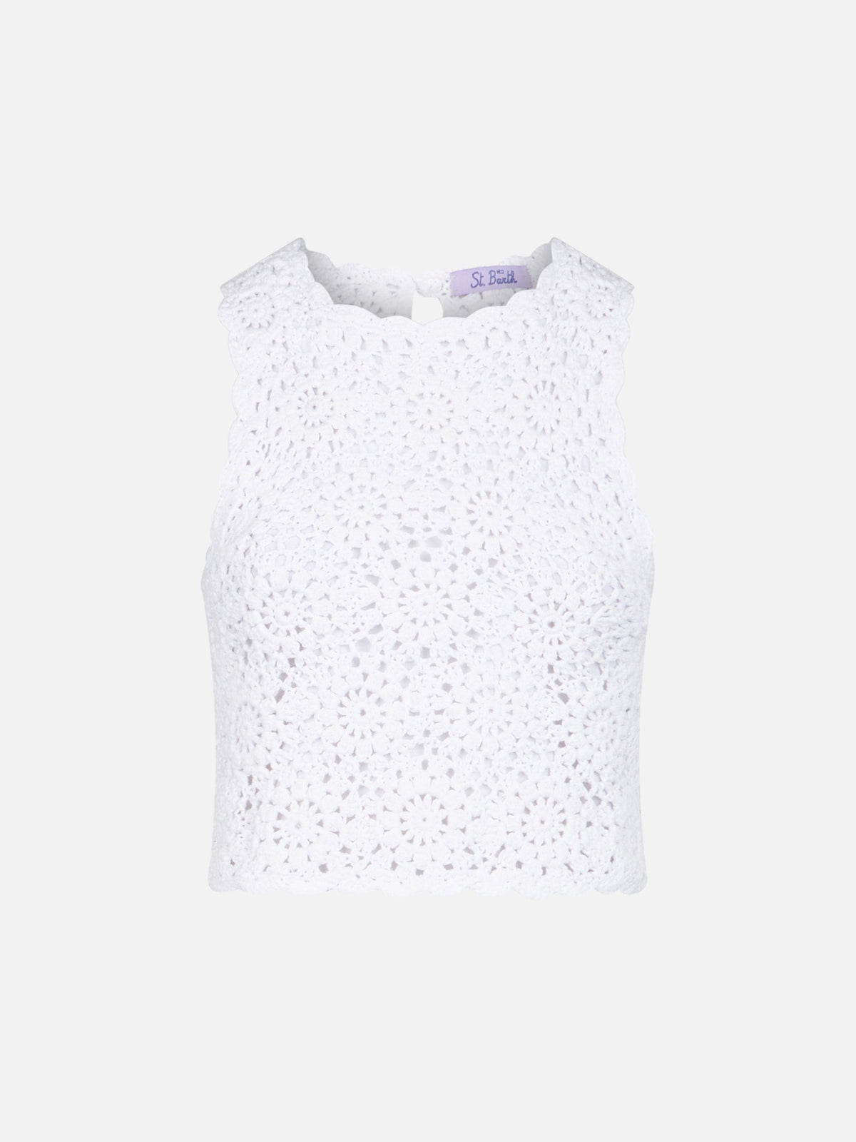 Top all’americana Medison bianco in crochet con motivo floreale