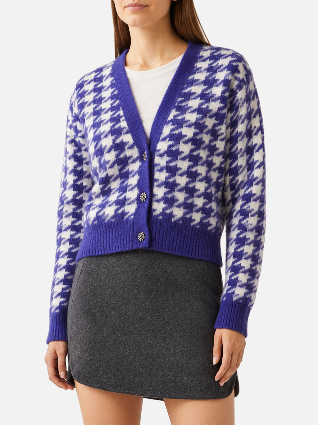 Cardigan corto Megeve viola con motivo pied de poule