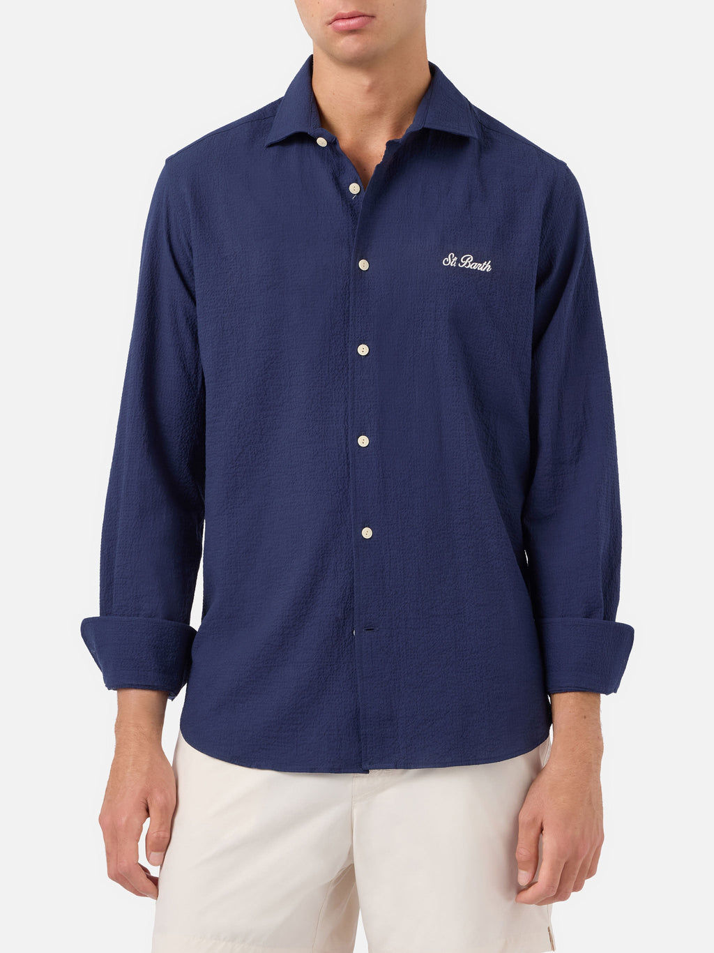 Camicia Pamplona blu navy in seersucker con ricamo logo product image 1