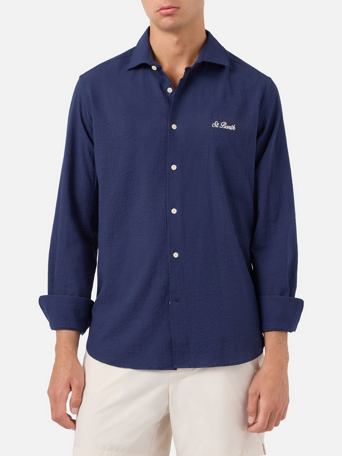 Camicia Pamplona blu navy in seersucker con ricamo logo product image 1