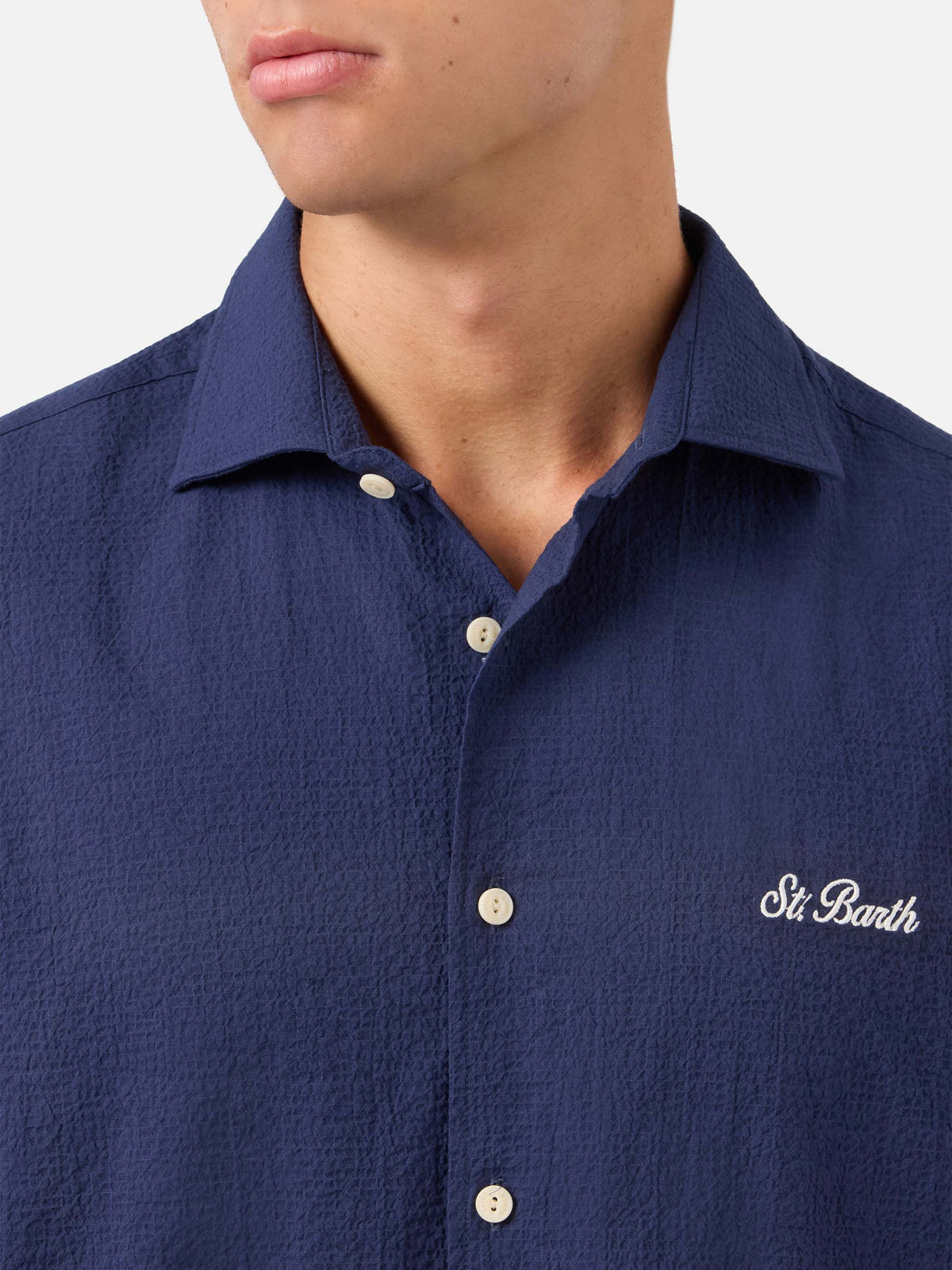 Camicia Pamplona blu navy in seersucker con ricamo logo product image 2