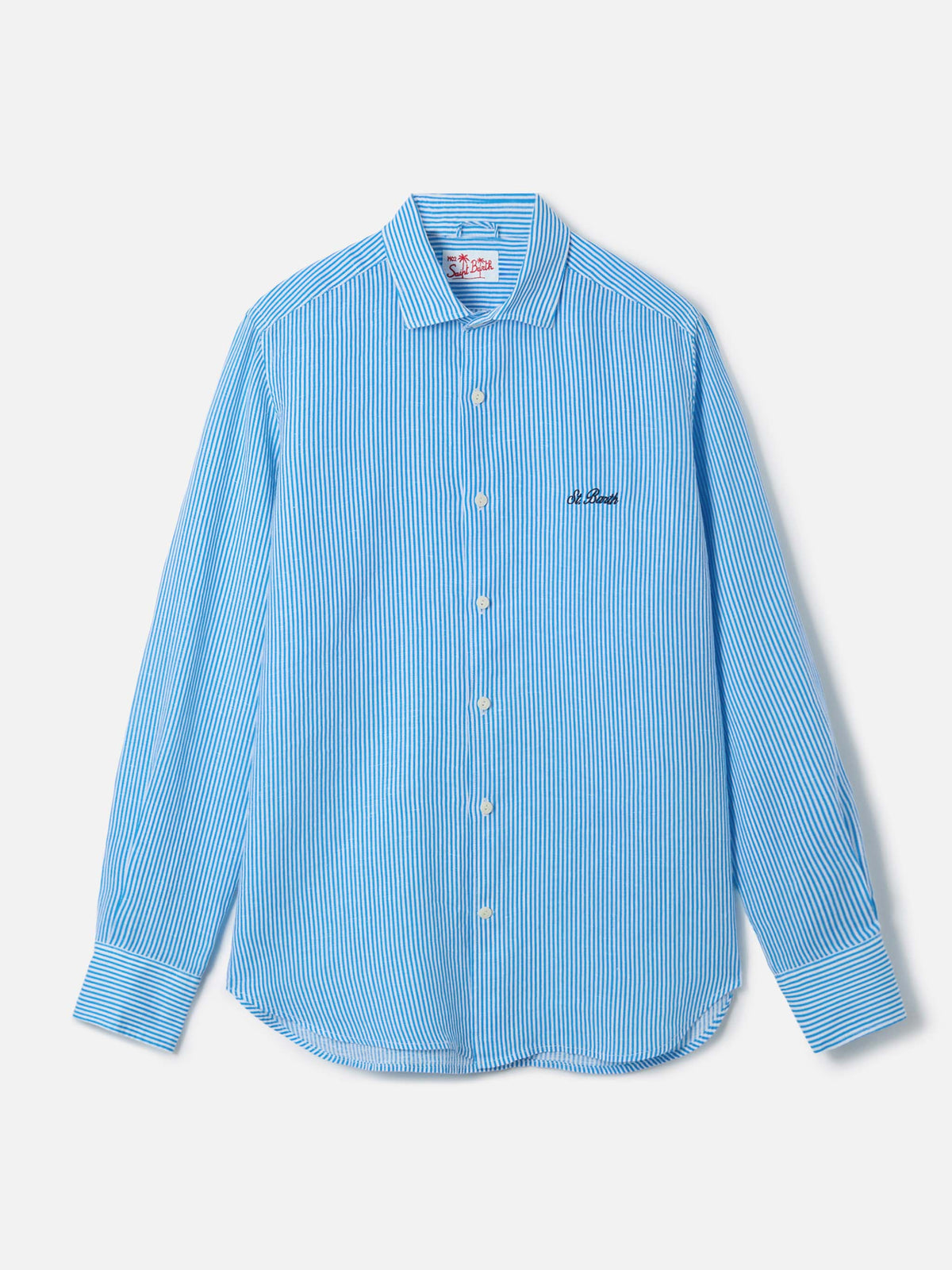 Camicia Pamplona turchese in lino con motivo a righe e product image 4
