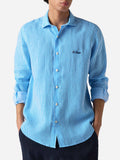 Camicia Pamplona turchese in lino con motivo a righe e product image 1