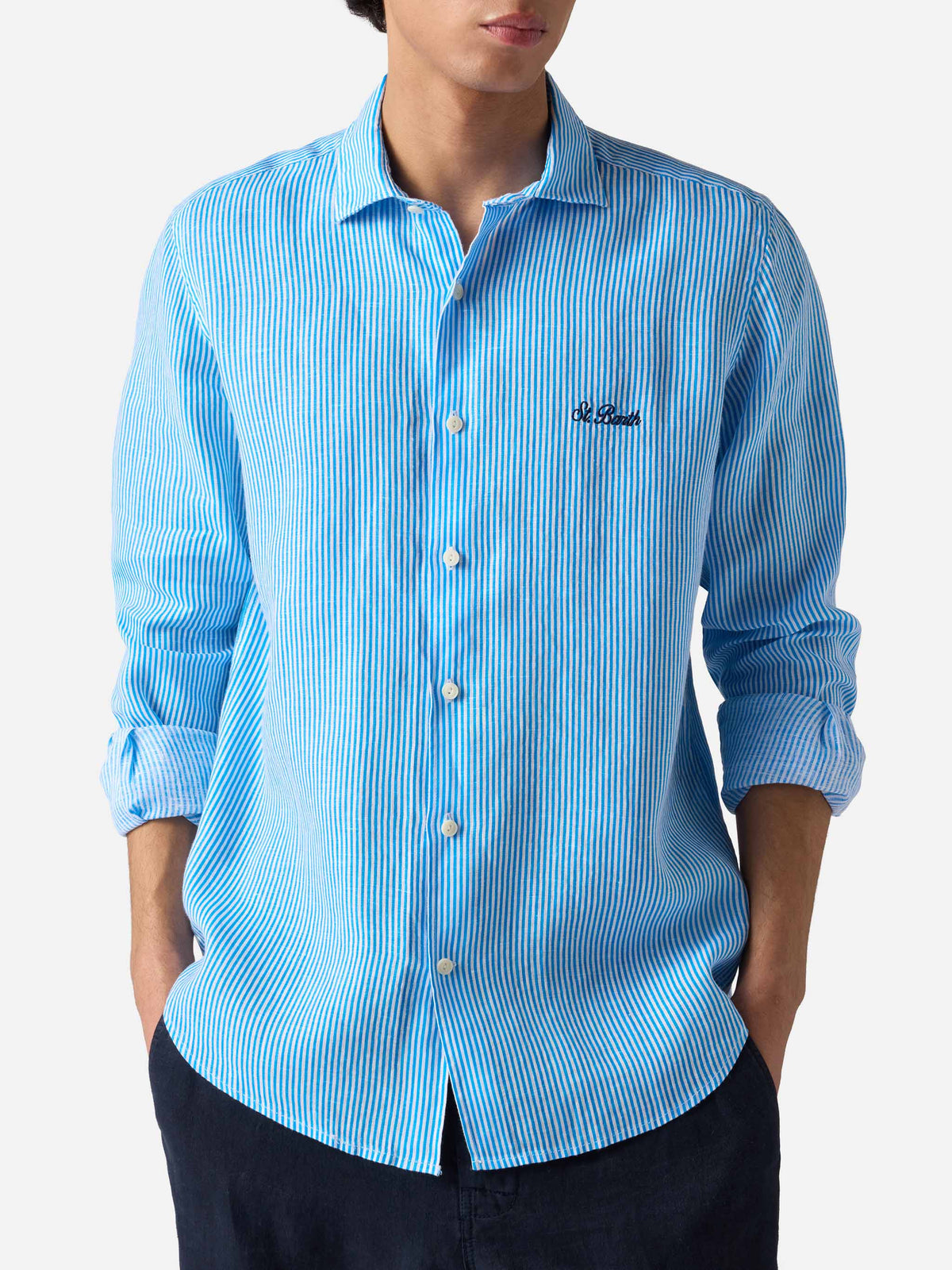 Camicia Pamplona turchese in lino con motivo a righe e product image 1