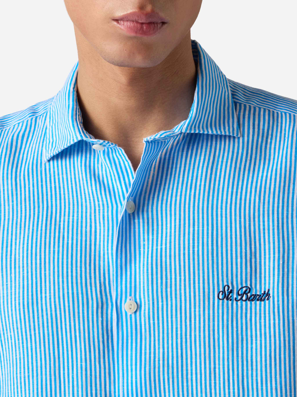 Camicia Pamplona turchese in lino con motivo a righe e product image 2