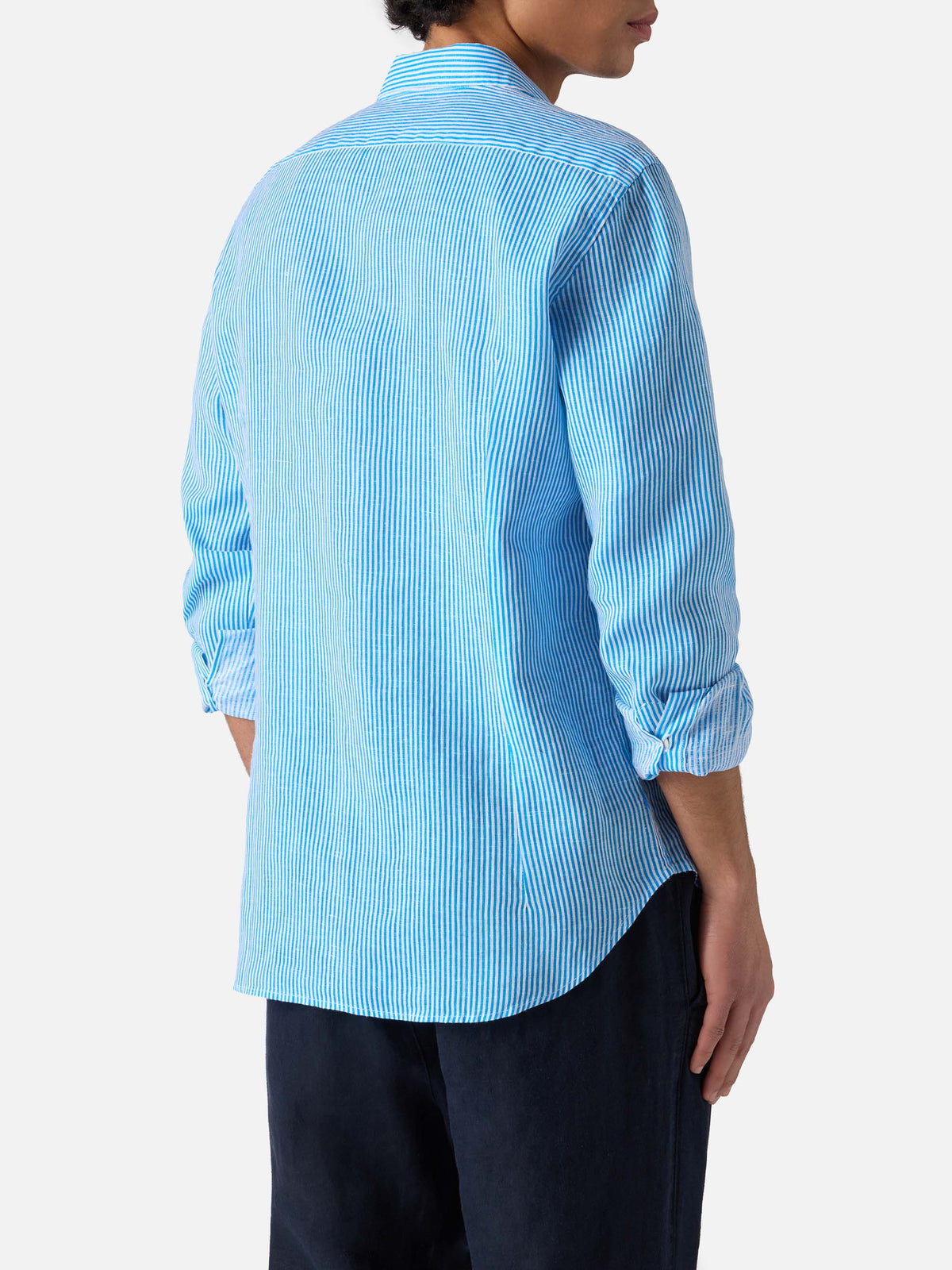 Camicia Pamplona turchese in lino con motivo a righe e product image 3